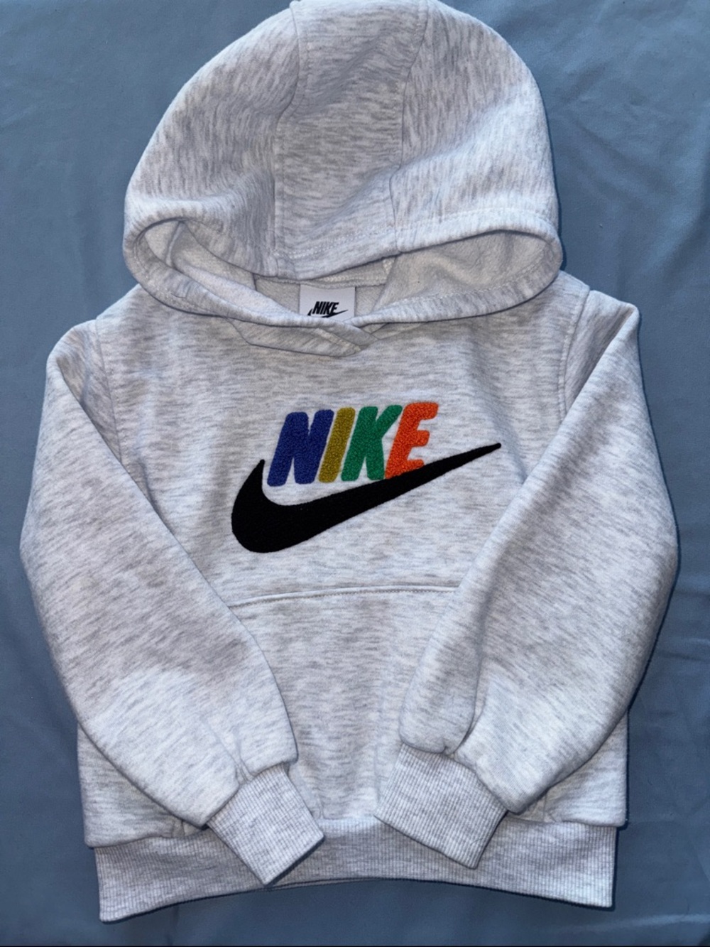 Nike Light Gray Kids Hoodie with Multicolor NIKE and Black Swoosh